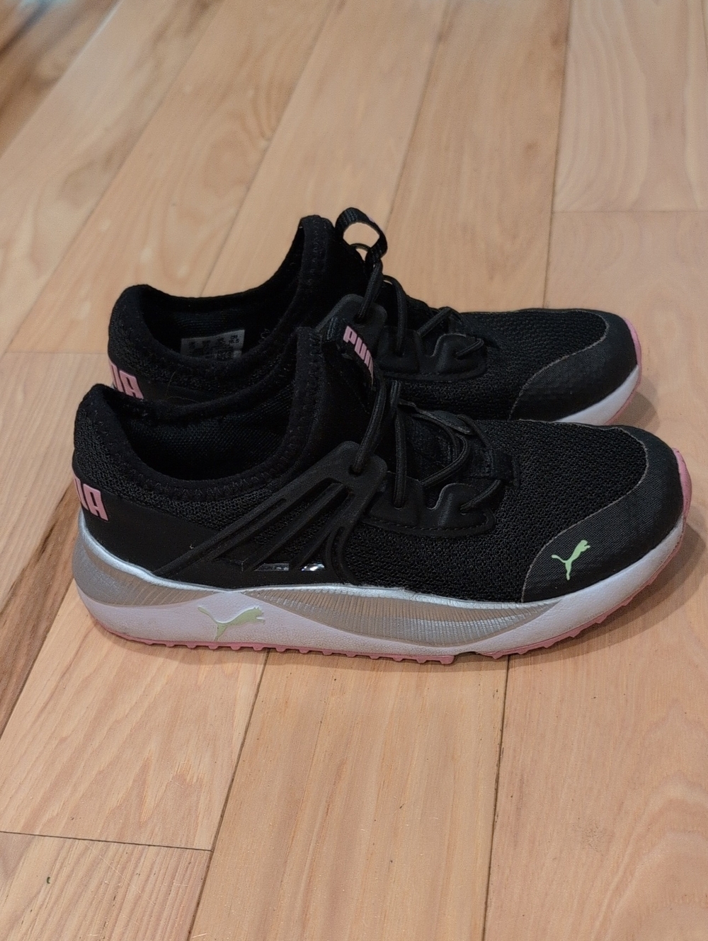 Puma Kids Black Athletic Sneakers with Pink and Light Green Puma Accents, No Tie